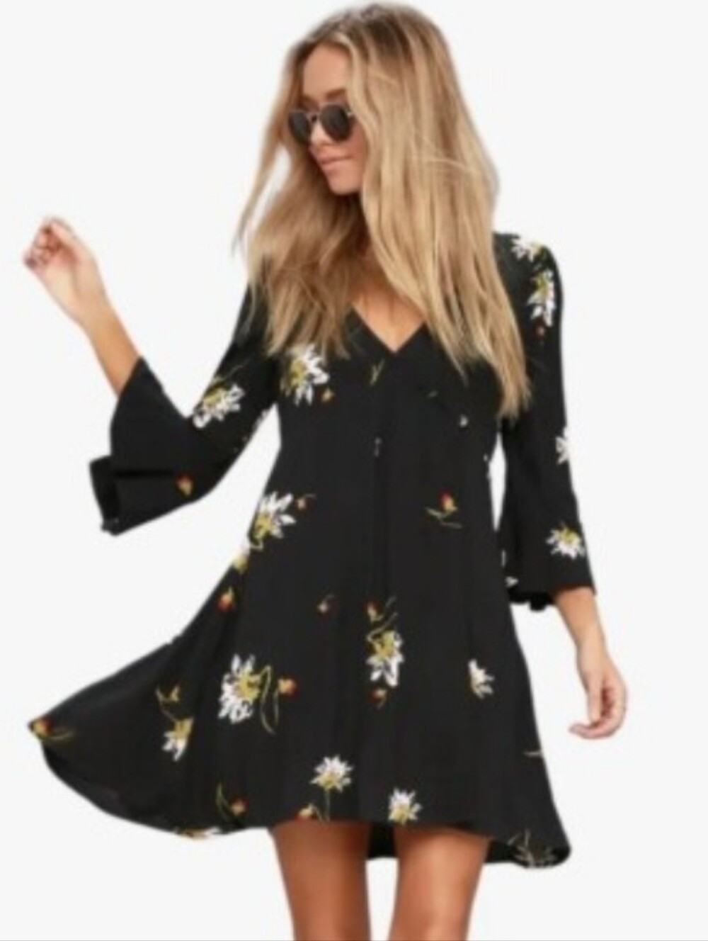 Free People "Time On My Side" Black Floral Print Wrap Mini Dress Medium